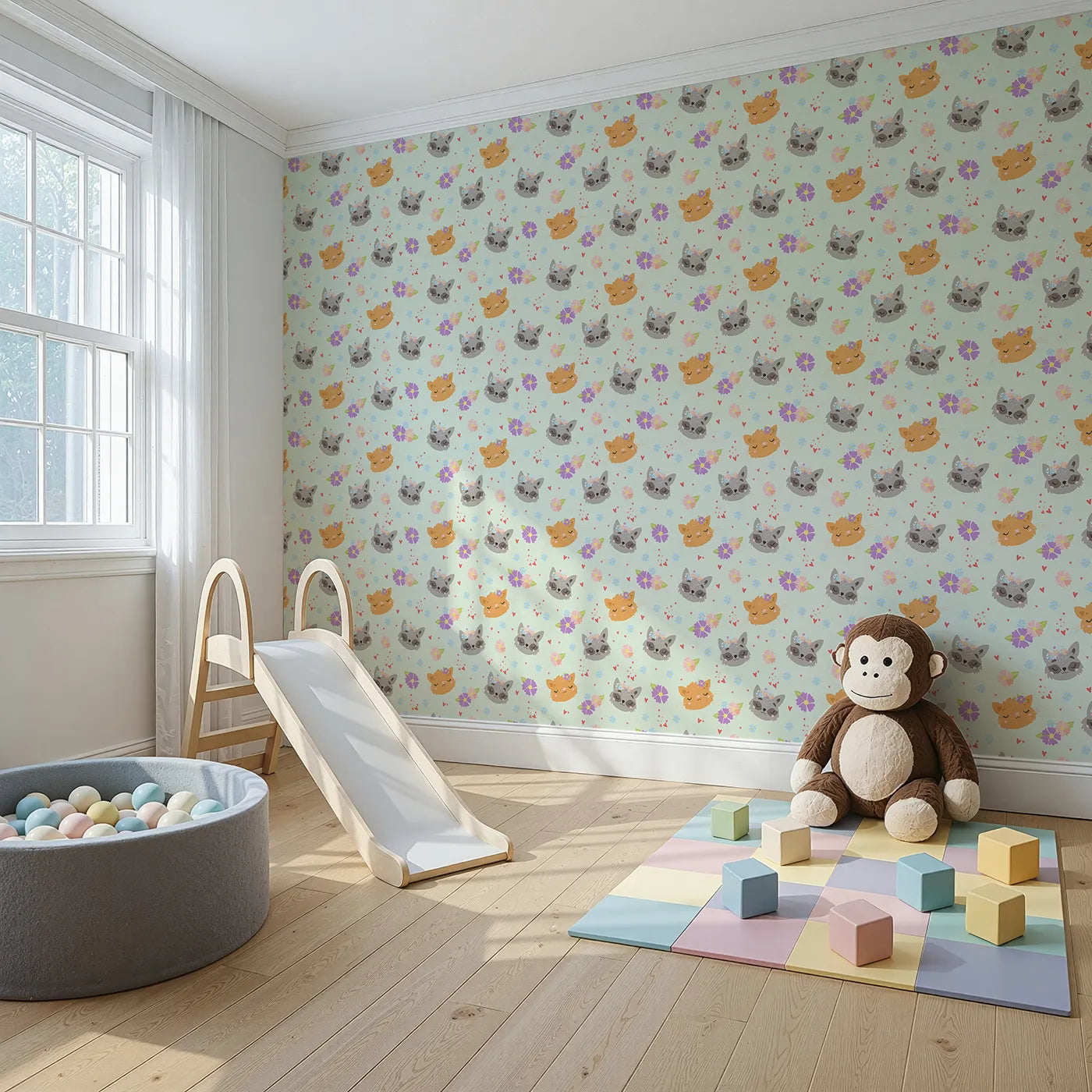 Angled view of Whimsy Tots' Meadow Snuggle Faces Wallpaper in Mint Green (W3176D).Gentle animal faces bloom with love among soft petals and hearts.