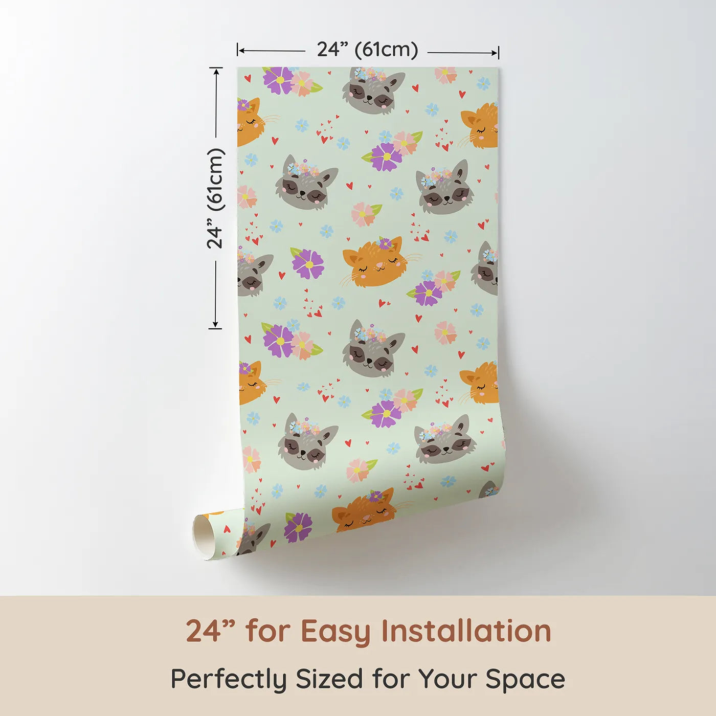 Dimension view of Whimsy Tots Meadow Snuggle Faces Wallpaper in Mint Green (W3176D). Printed in 24-inch-wide panel for easy installation. Gentle animal faces bloom with love among soft petals and hearts.