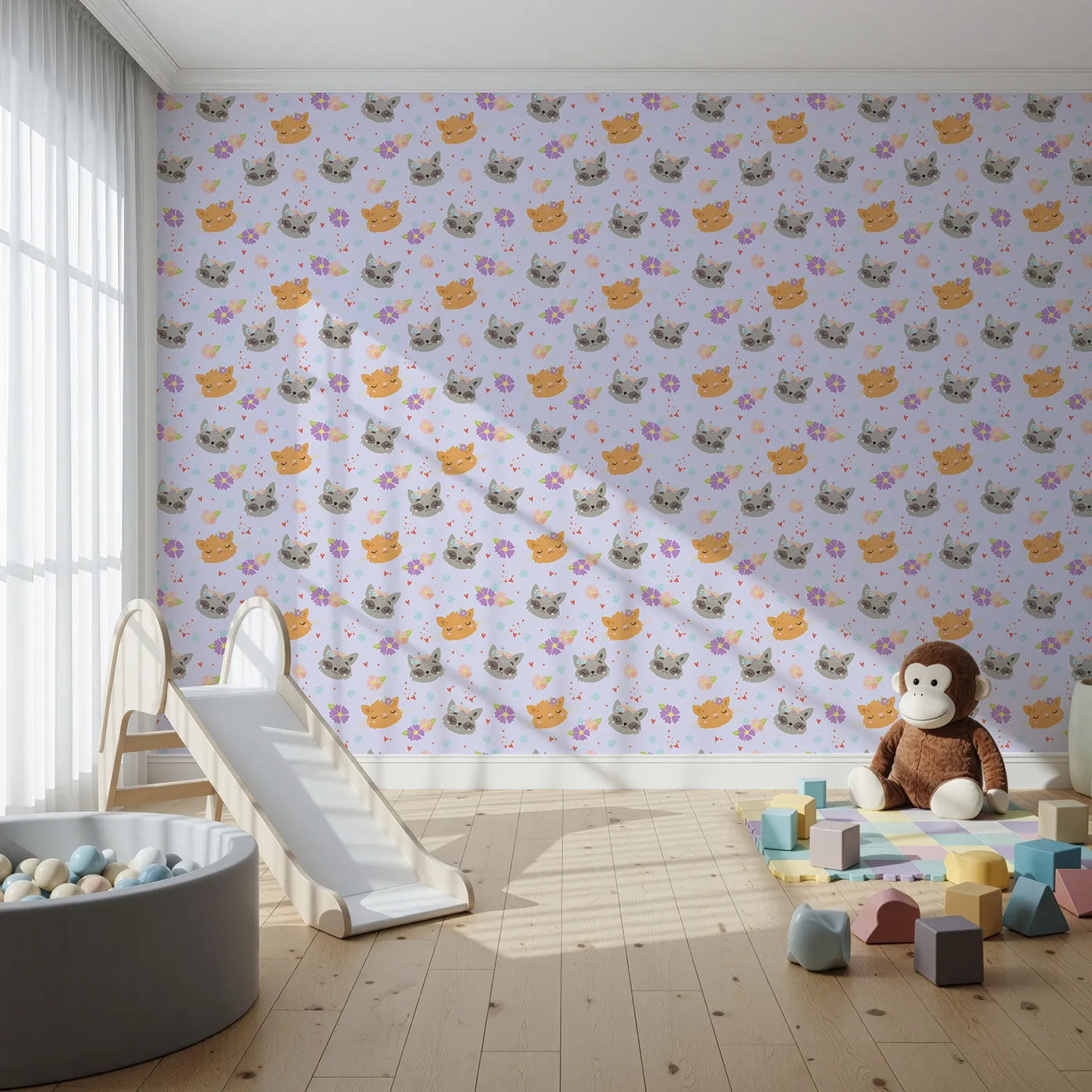 Front view of Whimsy Tots' Meadow Snuggle Faces Wallpaper in Lilac Lavender