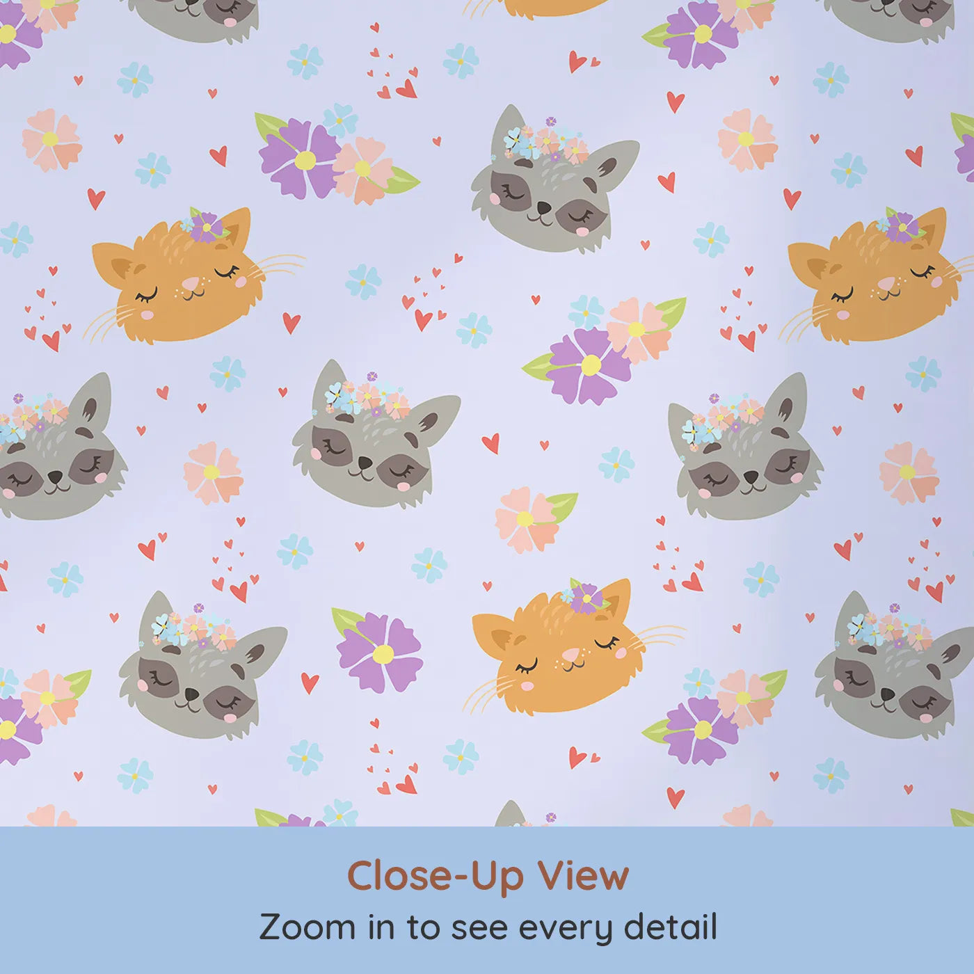 Close-up view of Whimsy Tots' Meadow Snuggle Faces Wallpaper in Lilac Lavender (W3176E).Gentle animal faces bloom with love among soft petals and hearts.