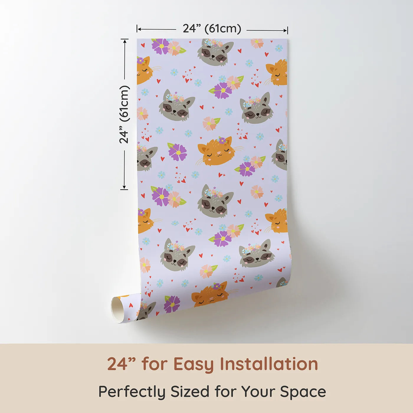 Dimension view of Whimsy Tots Meadow Snuggle Faces Wallpaper in Lilac Lavender (W3176E). Printed in 24-inch-wide panel for easy installation. Gentle animal faces bloom with love among soft petals and hearts.