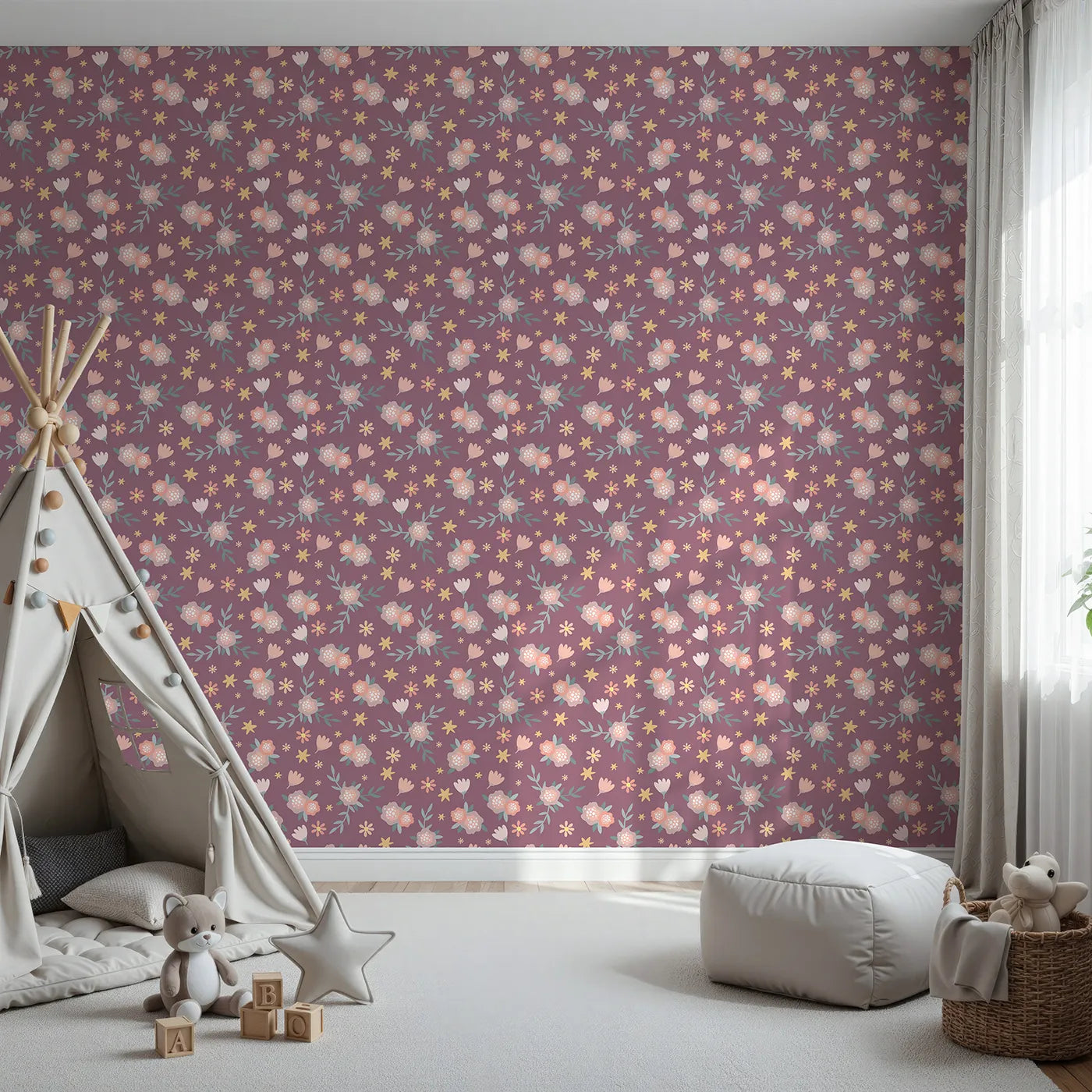 Front view of Whimsy Tots' Twilight Wildflower Waltz Wallpaper in Plum