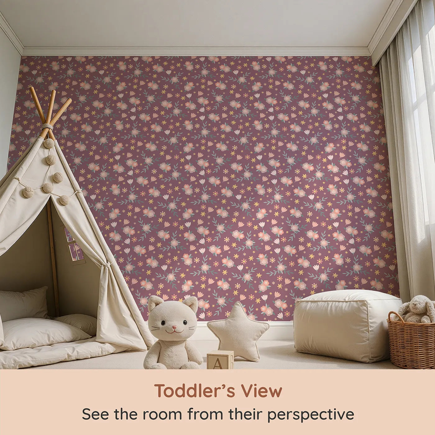 Whimsy Tots Twilight Wildflower Waltz Wallpaper in Plum (W3177A) from your child's view.Dancing wildflowers bloom softly across a twilight sky.