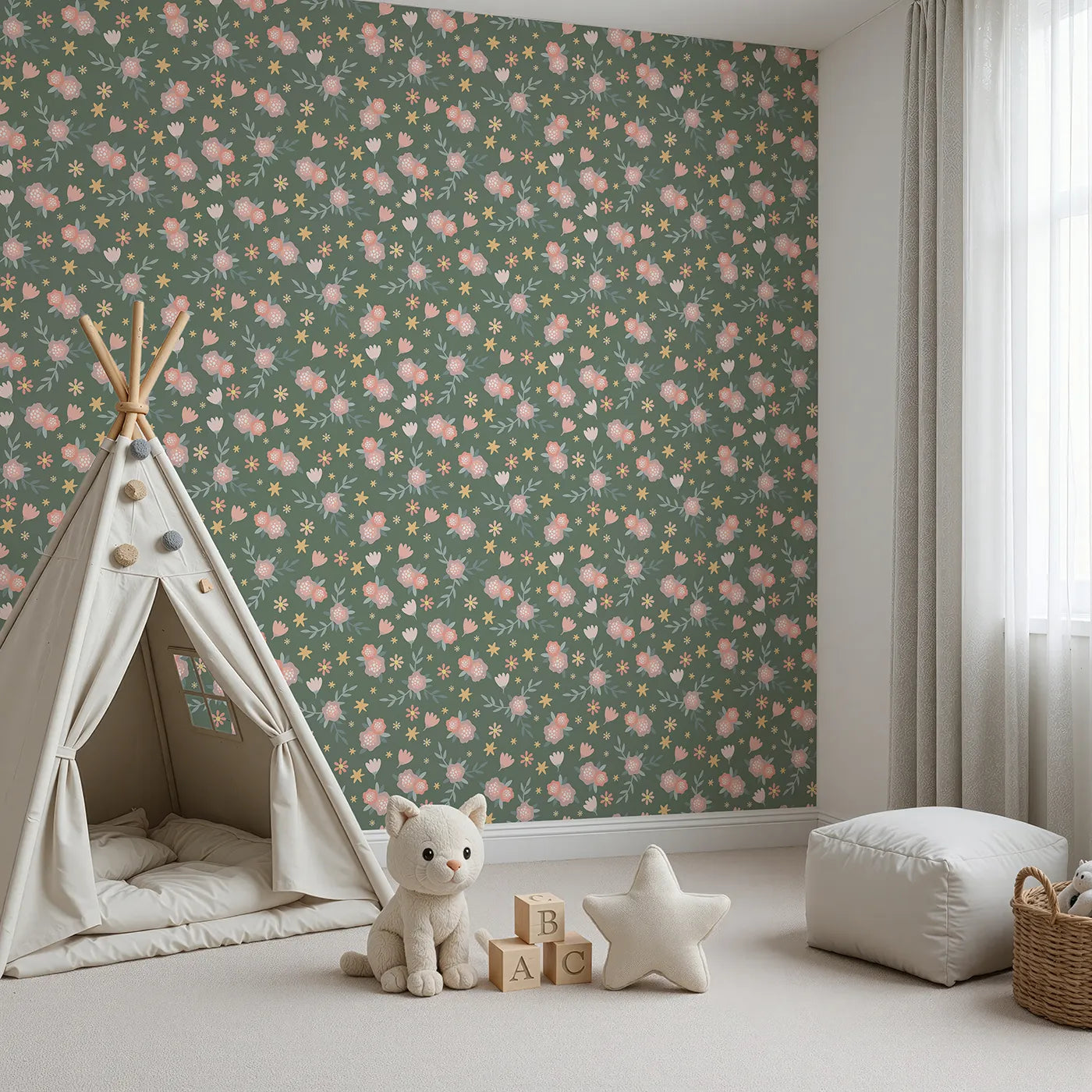 Angled view of Whimsy Tots' Twilight Wildflower Waltz Wallpaper in Forest Green (W3177B).Peachy florals and golden stars sway gently across a forest green sky.