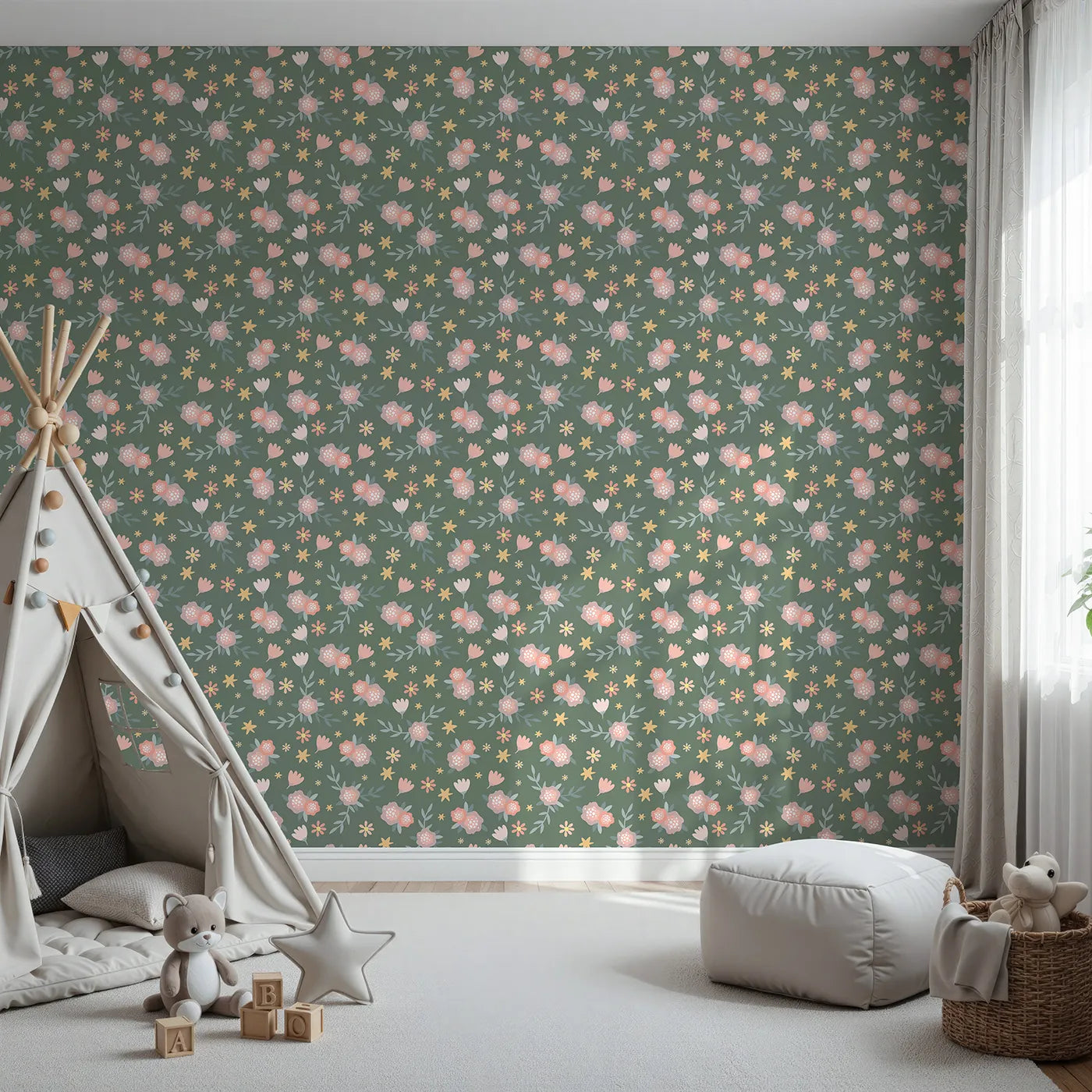 Front view of Whimsy Tots' Twilight Wildflower Waltz Wallpaper in Forest Green