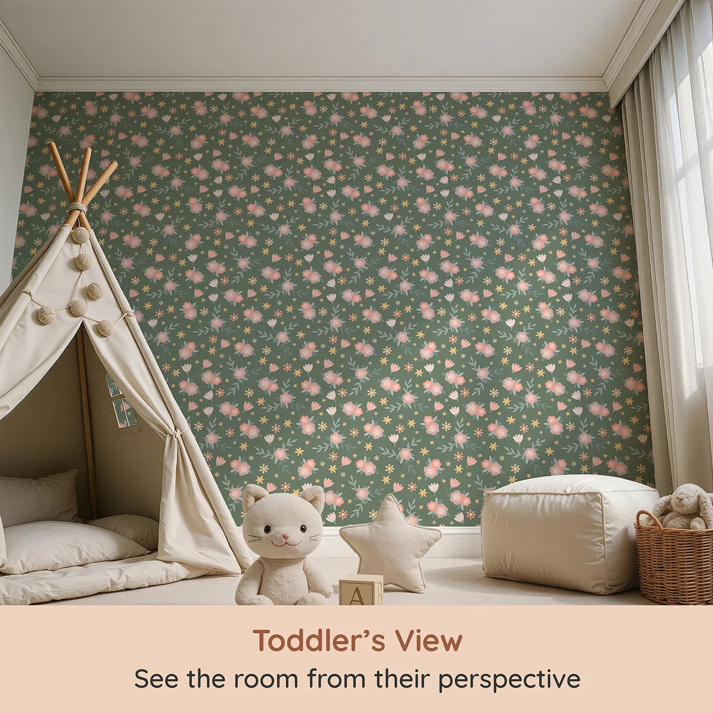 Whimsy Tots Twilight Wildflower Waltz Wallpaper in Forest Green (W3177B) from your child's view.Peachy florals and golden stars sway gently across a forest green sky.