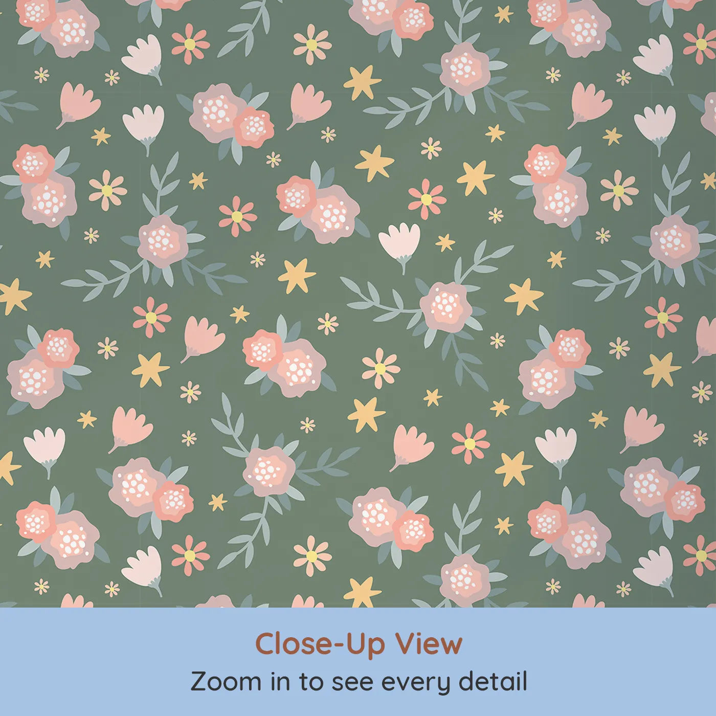 Close-up view of Whimsy Tots' Twilight Wildflower Waltz Wallpaper in Forest Green (W3177B).Peachy florals and golden stars sway gently across a forest green sky.