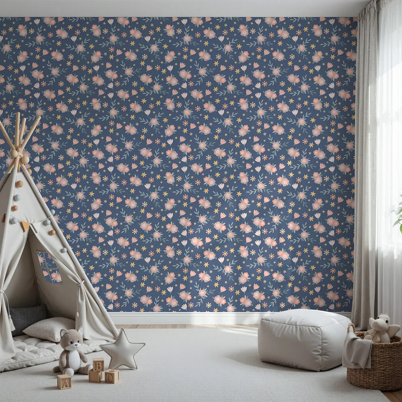 Front view of Whimsy Tots' Twilight Wildflower Waltz Wallpaper in Blue
