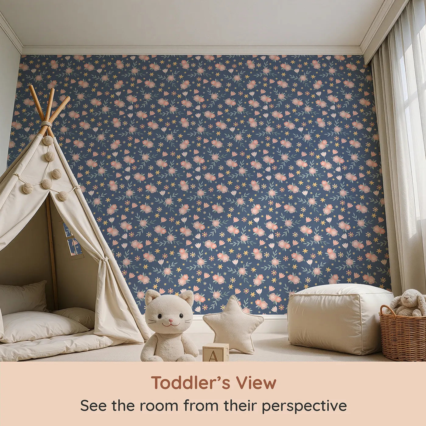 Whimsy Tots Twilight Wildflower Waltz Wallpaper in Blue (W3177C) from your child's view.Soft wildflowers drift gently across a calm twilight sky.