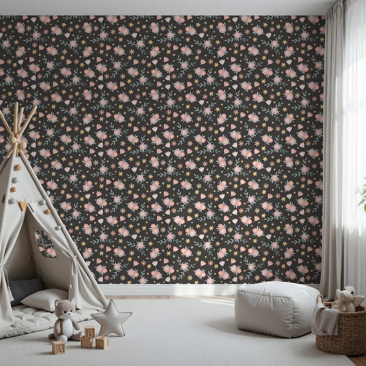 Front view of Whimsy Tots' Twilight Wildflower Waltz Wallpaper in Charcoal Gray