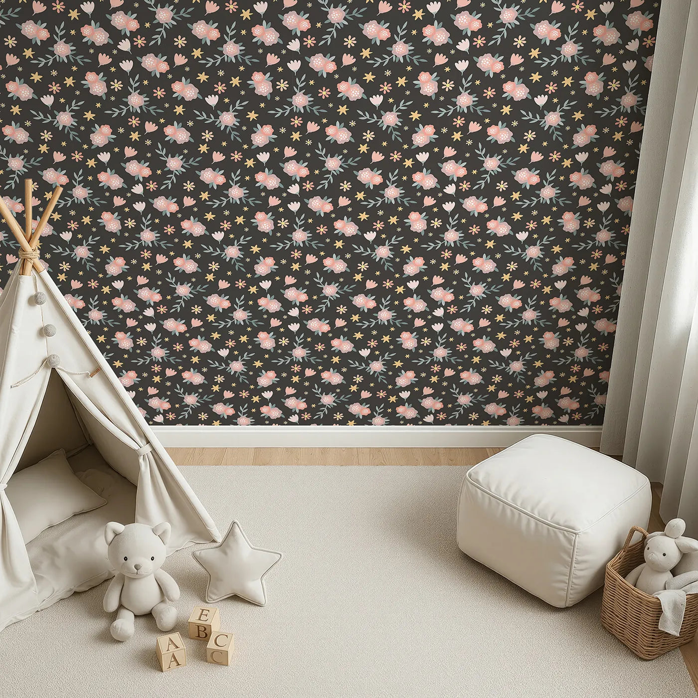 Top-Down view of Whimsy Tots' Twilight Wildflower Waltz Wallpaper in Charcoal Gray (W3177D).Blush flowers and golden stars glow softly against the night.