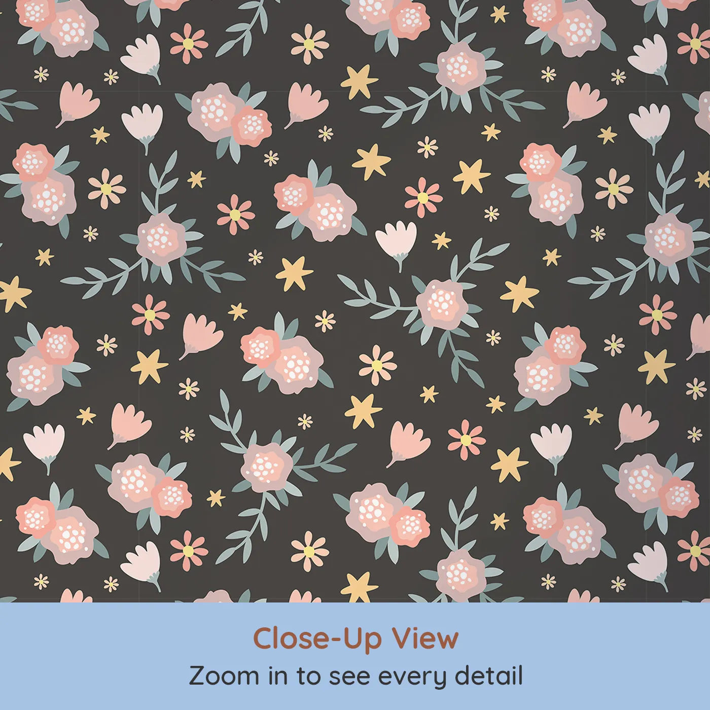 Close-up view of Whimsy Tots' Twilight Wildflower Waltz Wallpaper in Charcoal Gray (W3177D).Blush flowers and golden stars glow softly against the night.