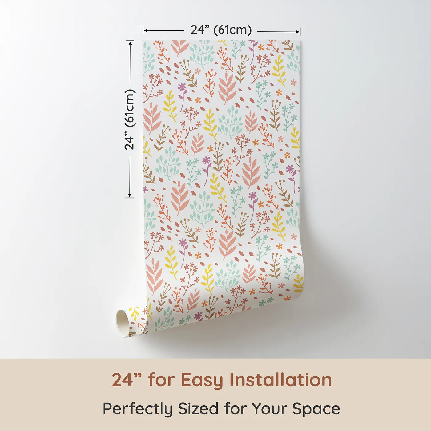 Dimension view of Whimsy Tots Whimsy Meadow Sketch Wallpaper in White (W3178A). Printed in 24-inch-wide panel for easy installation. Playful pastel branches and blooms dance across a soft white sky.