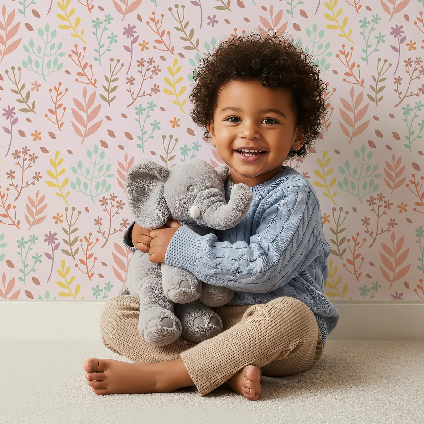 Lovely child standing in front of Whimsy Tots Whimsy Meadow Sketch Wallpaper in Blush Pink with leaf, flower, branch in design.