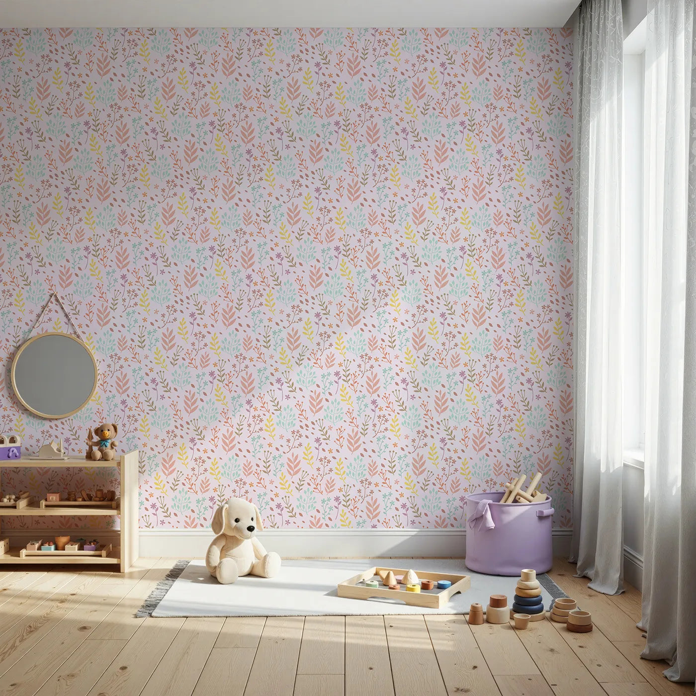 Front view of Whimsy Tots' Whimsy Meadow Sketch Wallpaper in Blush Pink