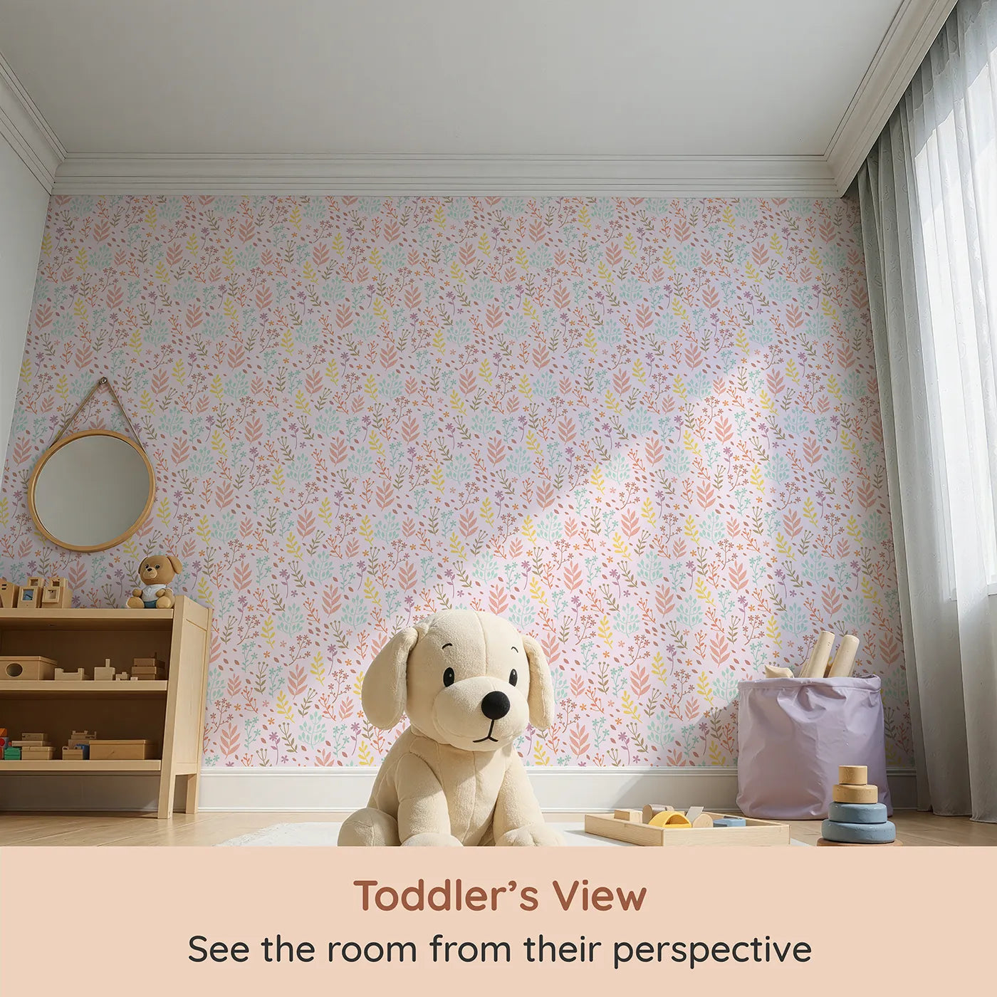 Whimsy Tots Whimsy Meadow Sketch Wallpaper in Blush Pink (W3178B) from your child's view.Sketchy blooms and branches blossom gently across a soft blush sky.