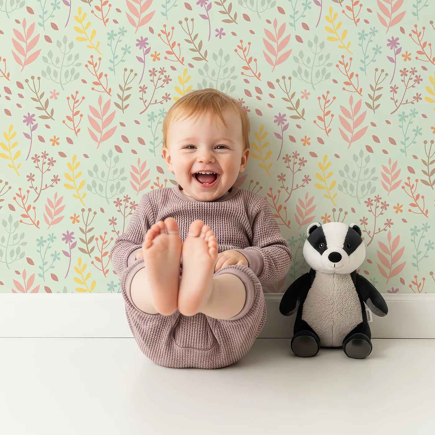 Lovely child standing in front of Whimsy Tots Whimsy Meadow Sketch Wallpaper in Mint Green with leaf, flower, branch in design.