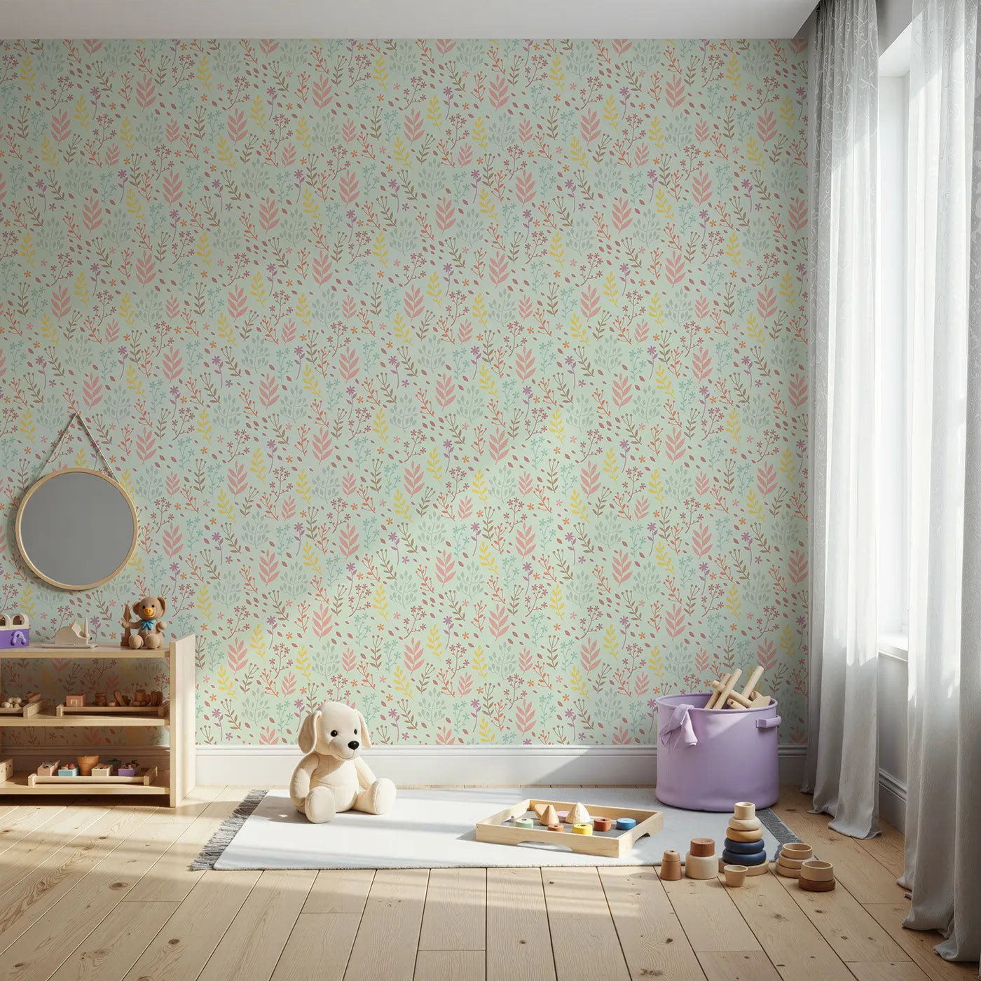 Front view of Whimsy Tots' Whimsy Meadow Sketch Wallpaper in Mint Green