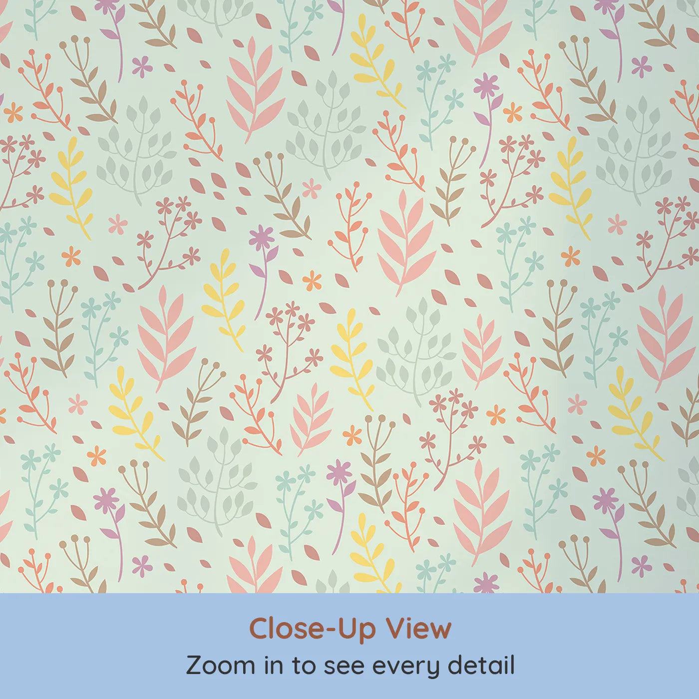 Close-up view of Whimsy Tots' Whimsy Meadow Sketch Wallpaper in Mint Green (W3178D).Pastel blooms and leaves drift softly across a fresh mint sky.