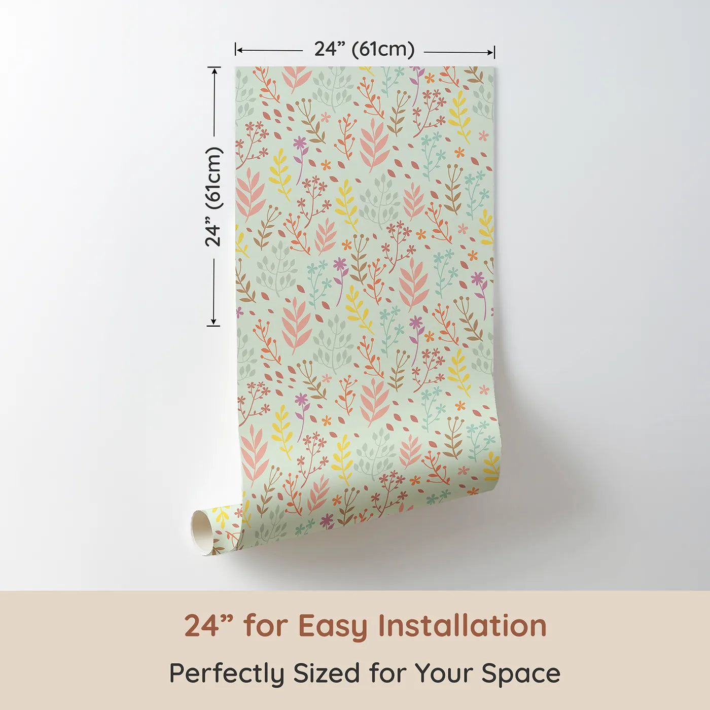 Dimension view of Whimsy Tots Whimsy Meadow Sketch Wallpaper in Mint Green (W3178D). Printed in 24-inch-wide panel for easy installation. Pastel blooms and leaves drift softly across a fresh mint sky.