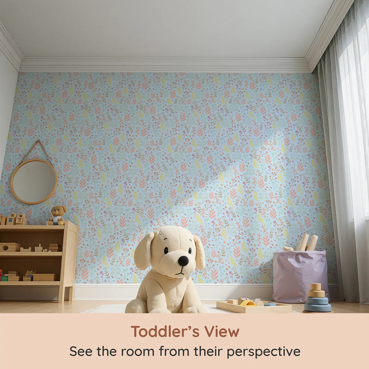 Whimsy Tots Whimsy Meadow Sketch Wallpaper in Sky (W3178E) from your child's view.Playful pastel botanicals float gently across a sky-blue canvas.
