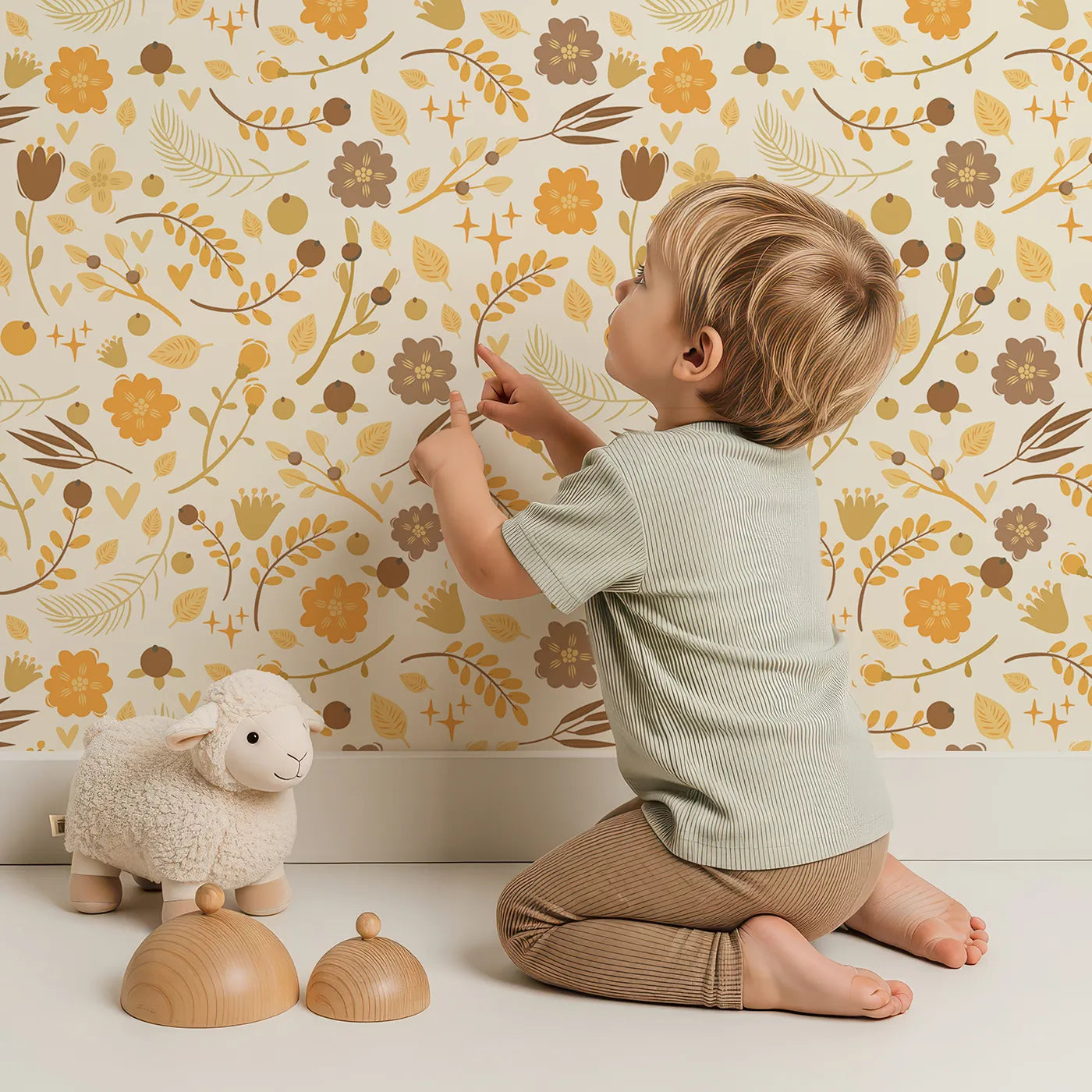 Lovely child standing in front of Whimsy Tots Golden Woodland Whimsy Wallpaper in Cream with leaf, flower, berry, crown in design.