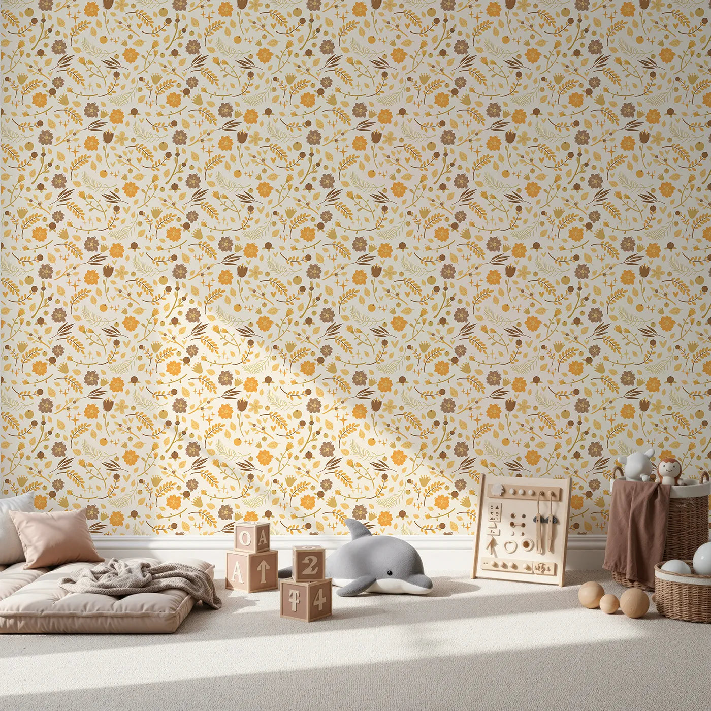 Front view of Whimsy Tots' Golden Woodland Whimsy Wallpaper in Cream