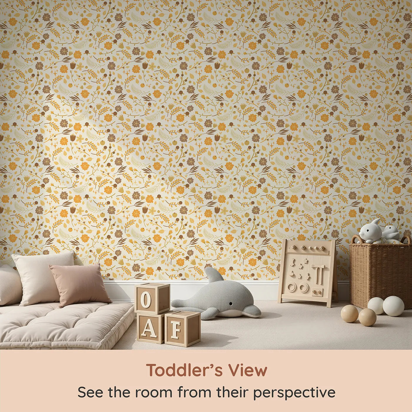 Whimsy Tots Golden Woodland Whimsy Wallpaper in Cream (W3179A) from your child's view.Golden leaves and woodland blooms wrap the room in natureβs warmth.