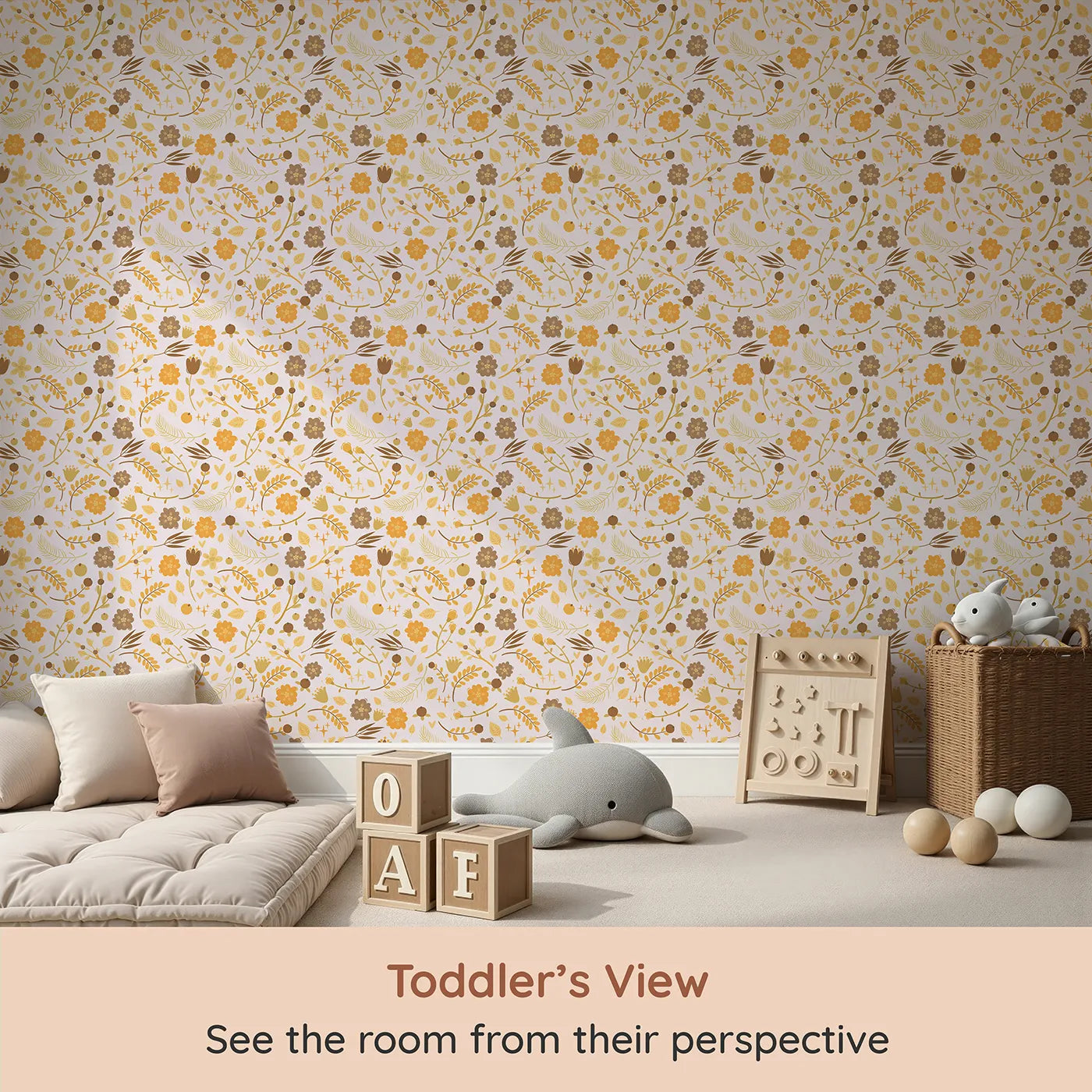 Whimsy Tots Golden Woodland Whimsy Wallpaper in Blush (W3179B) from your child's view.Golden flowers and fall treasures glow on a soft blush backdrop.