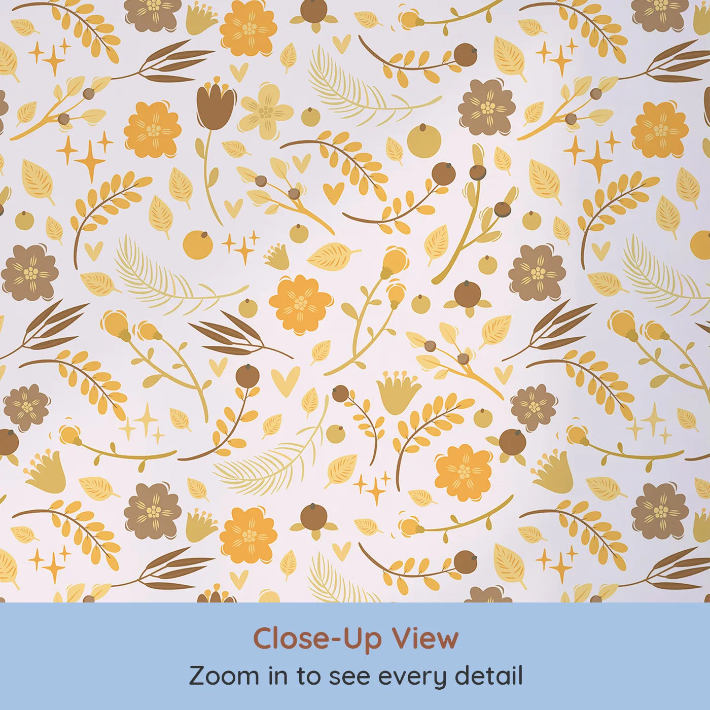 Close-up view of Whimsy Tots' Golden Woodland Whimsy Wallpaper in Blush (W3179B).Golden flowers and fall treasures glow on a soft blush backdrop.