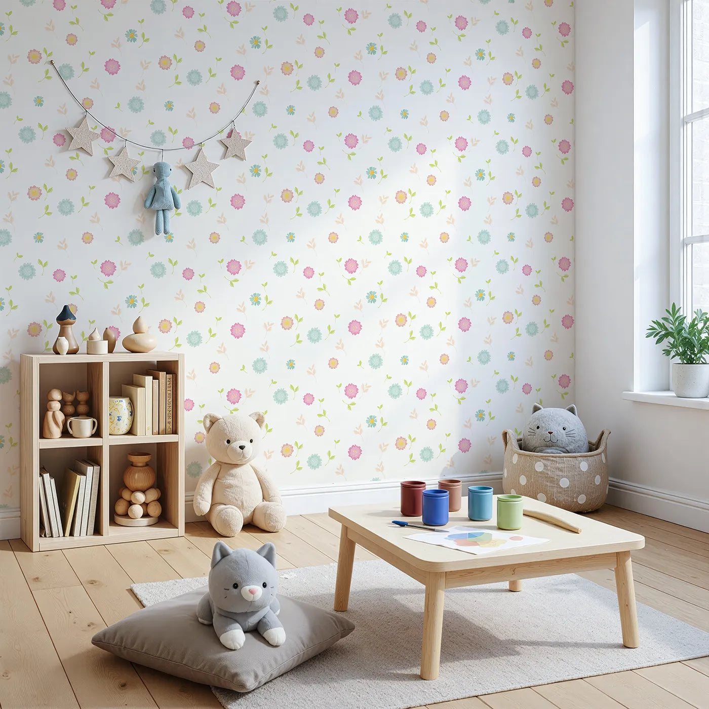 Angled view of Whimsy Tots' Breezy Blossom Meadow Wallpaper in White (W3180A).Soft pastel blooms float like sunshine through the air.