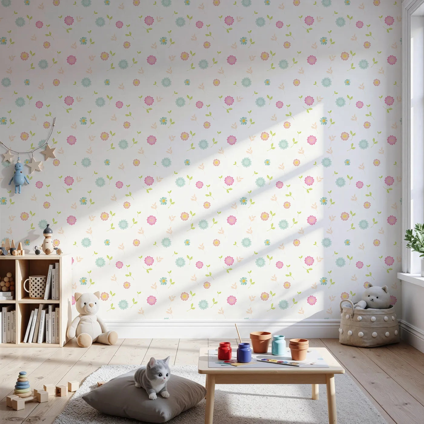 Front view of Whimsy Tots' Breezy Blossom Meadow Wallpaper in White