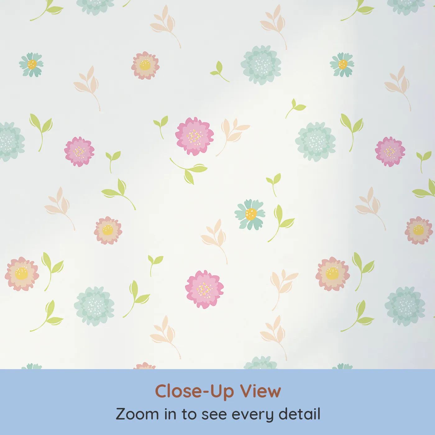 Close-up view of Whimsy Tots' Breezy Blossom Meadow Wallpaper in White (W3180A).Soft pastel blooms float like sunshine through the air.