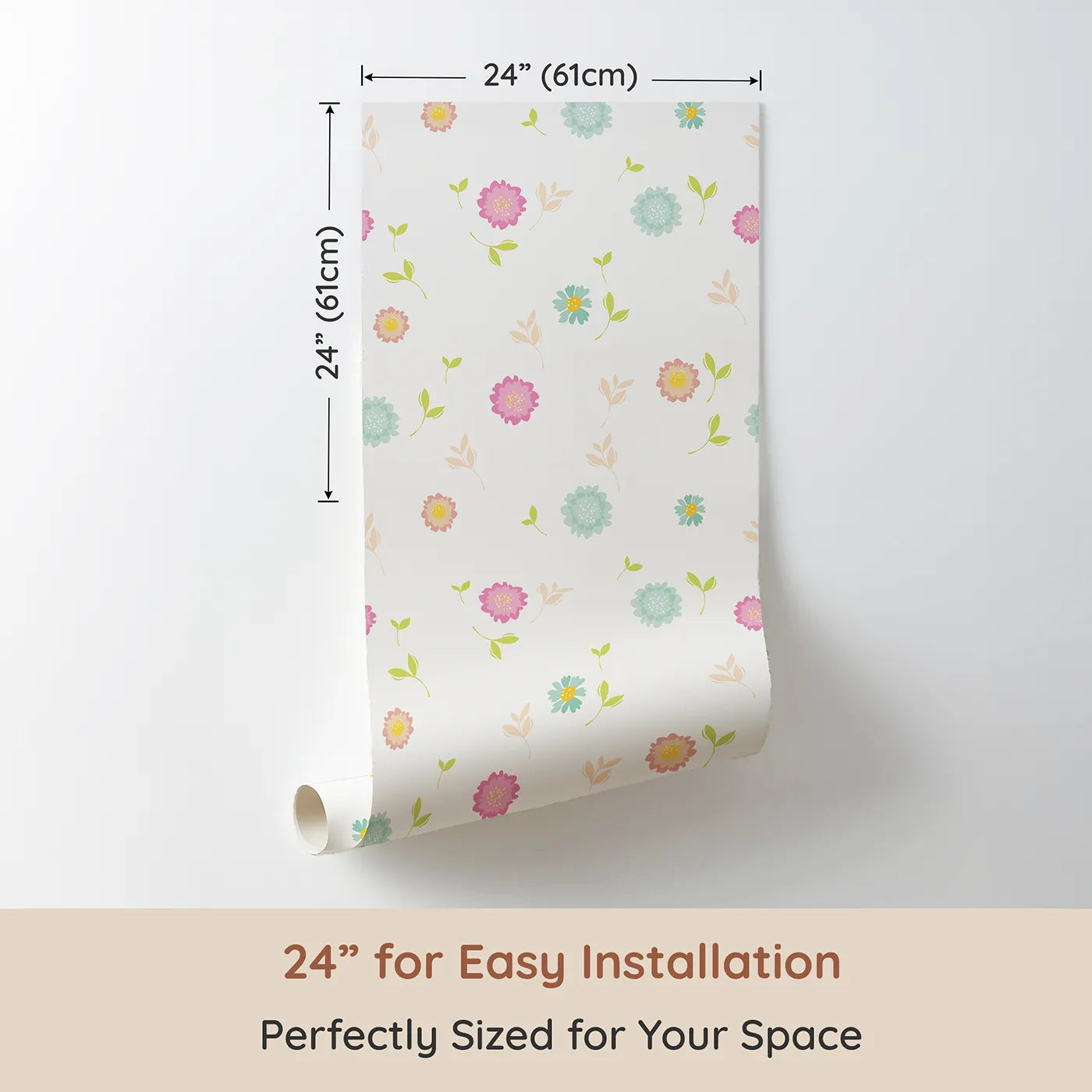 Dimension view of Whimsy Tots Breezy Blossom Meadow Wallpaper in White (W3180A). Printed in 24-inch-wide panel for easy installation. Soft pastel blooms float like sunshine through the air.