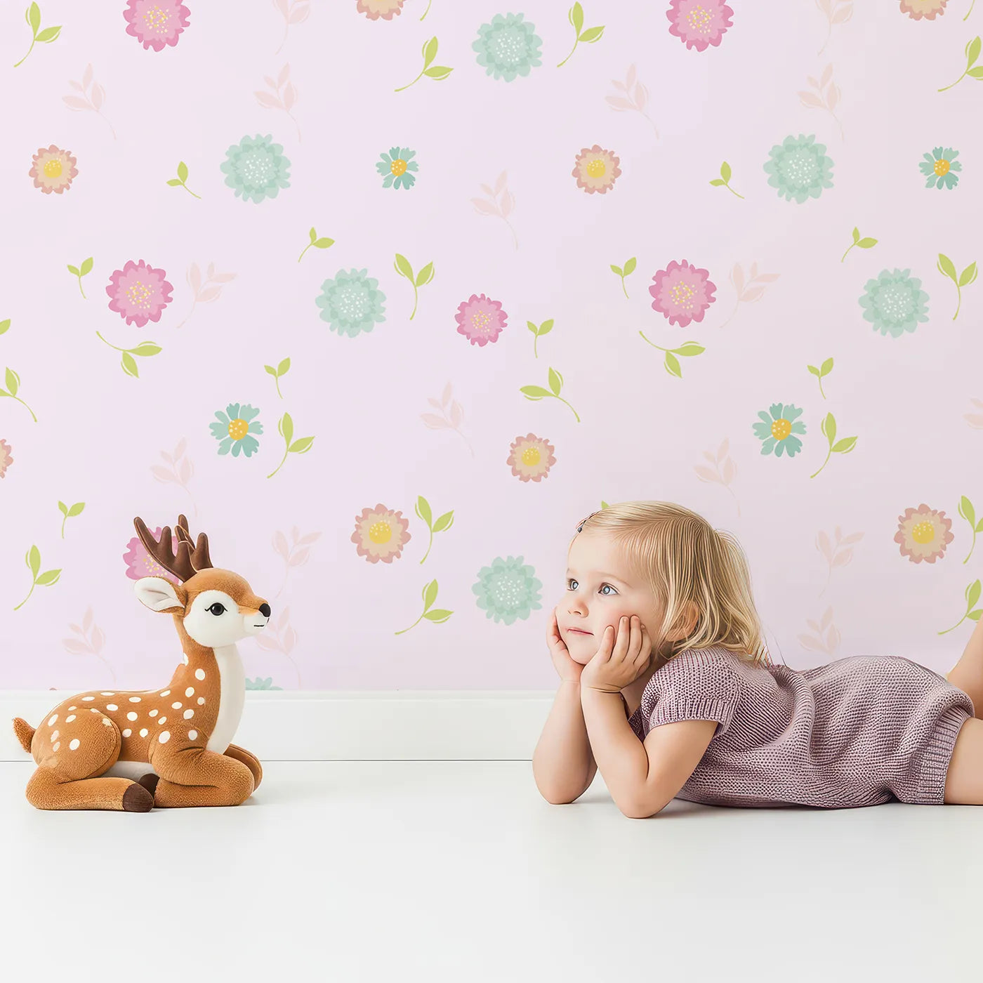 Lovely child standing in front of Whimsy Tots Breezy Blossom Meadow Wallpaper in Pink with flower, petal, leaf in design.