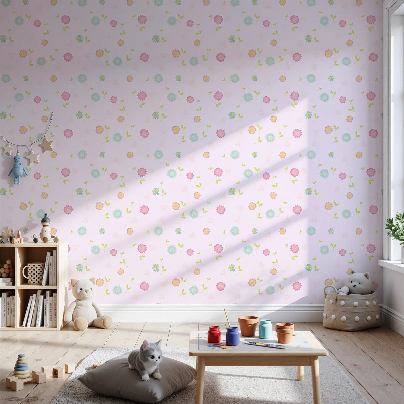 Front view of Whimsy Tots' Breezy Blossom Meadow Wallpaper in Pink