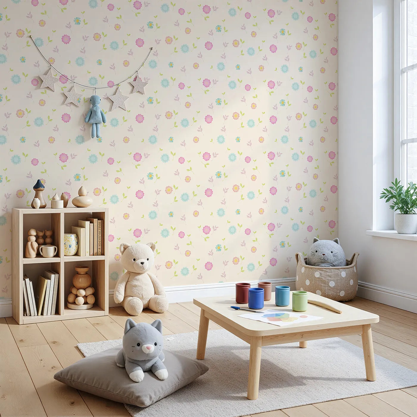 Angled view of Whimsy Tots' Breezy Blossom Meadow Wallpaper in Cream (W3180C).Soft pastel blooms float like sunshine through the air.