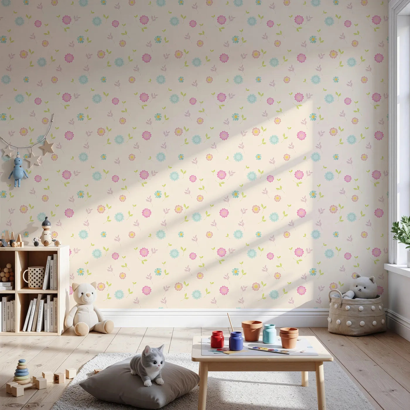 Front view of Whimsy Tots' Breezy Blossom Meadow Wallpaper in Cream