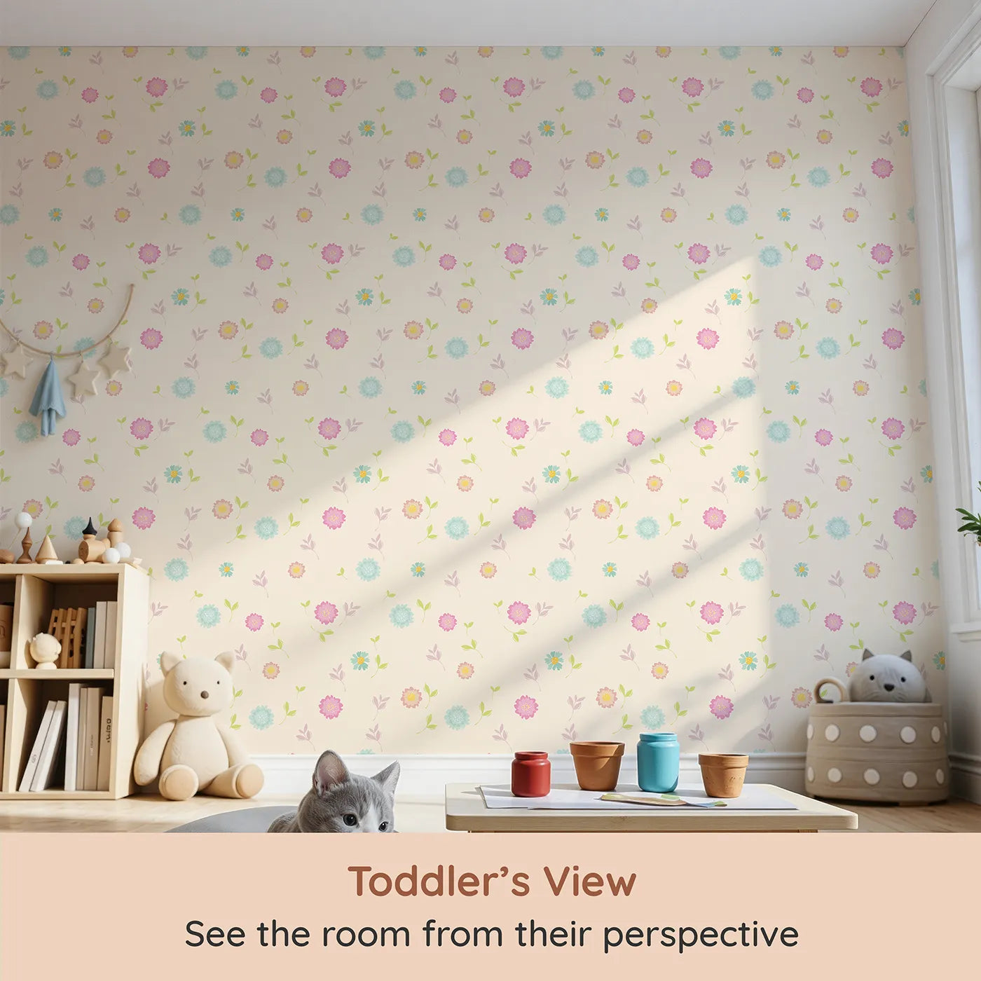 Whimsy Tots Breezy Blossom Meadow Wallpaper in Cream (W3180C) from your child's view.Soft pastel blooms float like sunshine through the air.