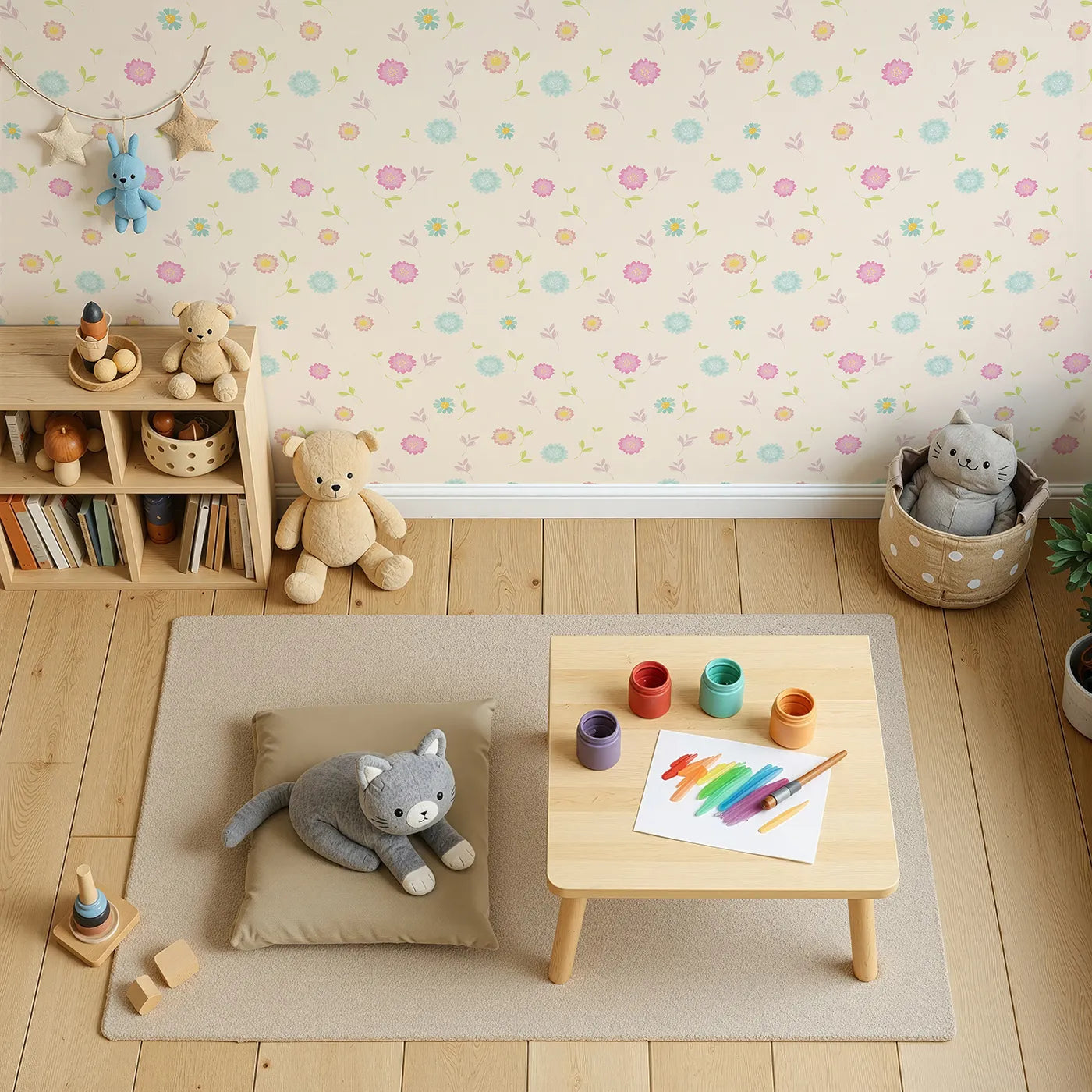 Top-Down view of Whimsy Tots' Breezy Blossom Meadow Wallpaper in Cream (W3180C).Soft pastel blooms float like sunshine through the air.