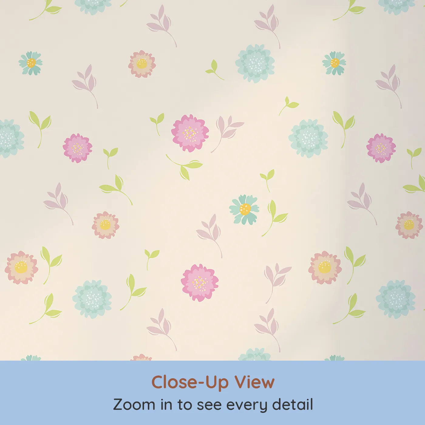 Close-up view of Whimsy Tots' Breezy Blossom Meadow Wallpaper in Cream (W3180C).Soft pastel blooms float like sunshine through the air.