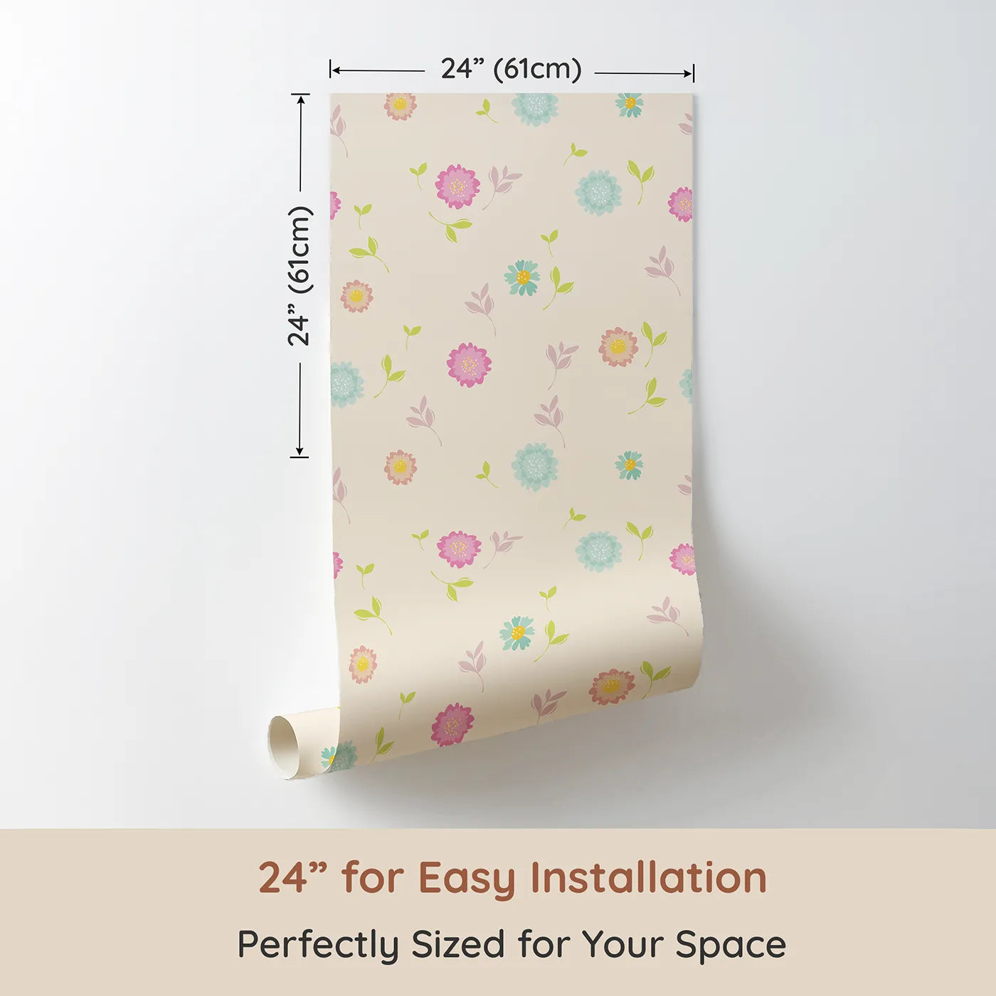 Dimension view of Whimsy Tots Breezy Blossom Meadow Wallpaper in Cream (W3180C). Printed in 24-inch-wide panel for easy installation. Soft pastel blooms float like sunshine through the air.
