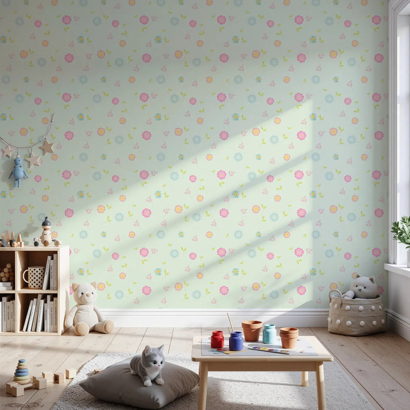 Front view of Whimsy Tots' Breezy Blossom Meadow Wallpaper in Mint Green