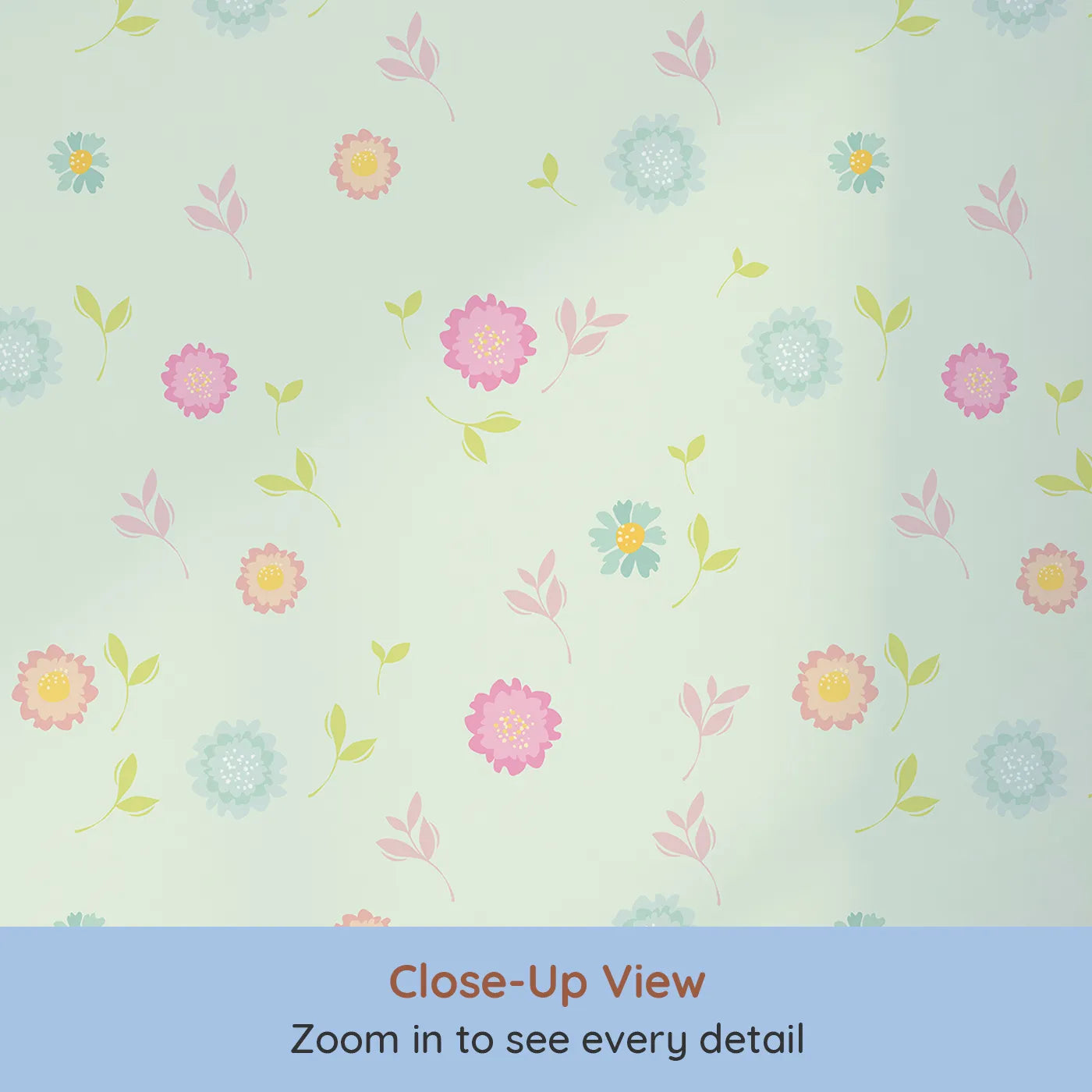 Close-up view of Whimsy Tots' Breezy Blossom Meadow Wallpaper in Mint Green (W3180D).Pastel blossoms drift softly on a fresh mint canvas.