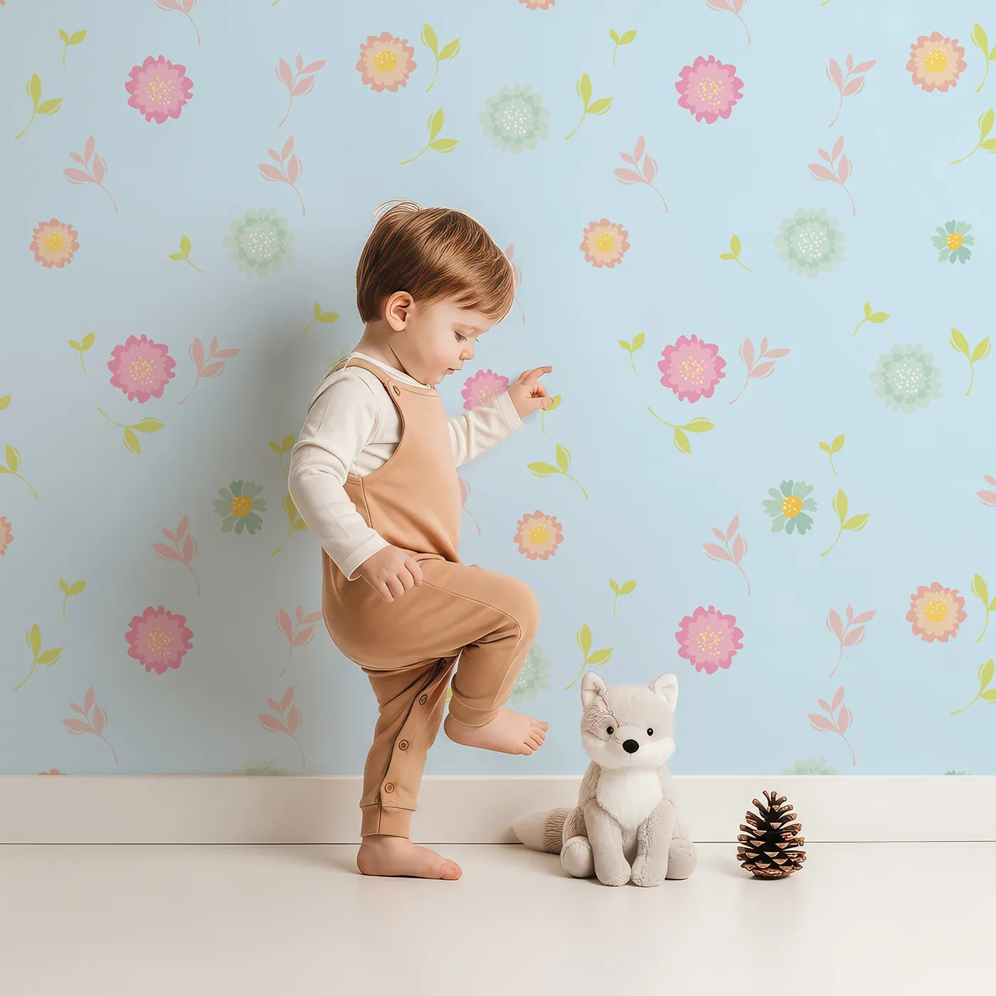 Lovely child standing in front of Whimsy Tots Breezy Blossom Meadow Wallpaper in Sky with flower, petal, leaf in design.
