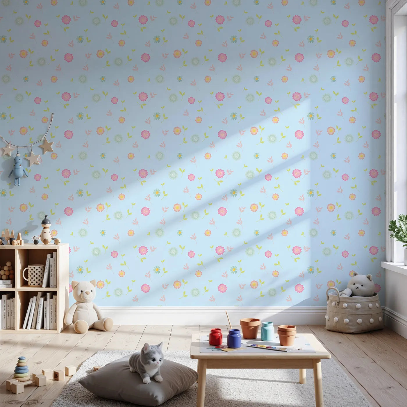 Front view of Whimsy Tots' Breezy Blossom Meadow Wallpaper in Sky