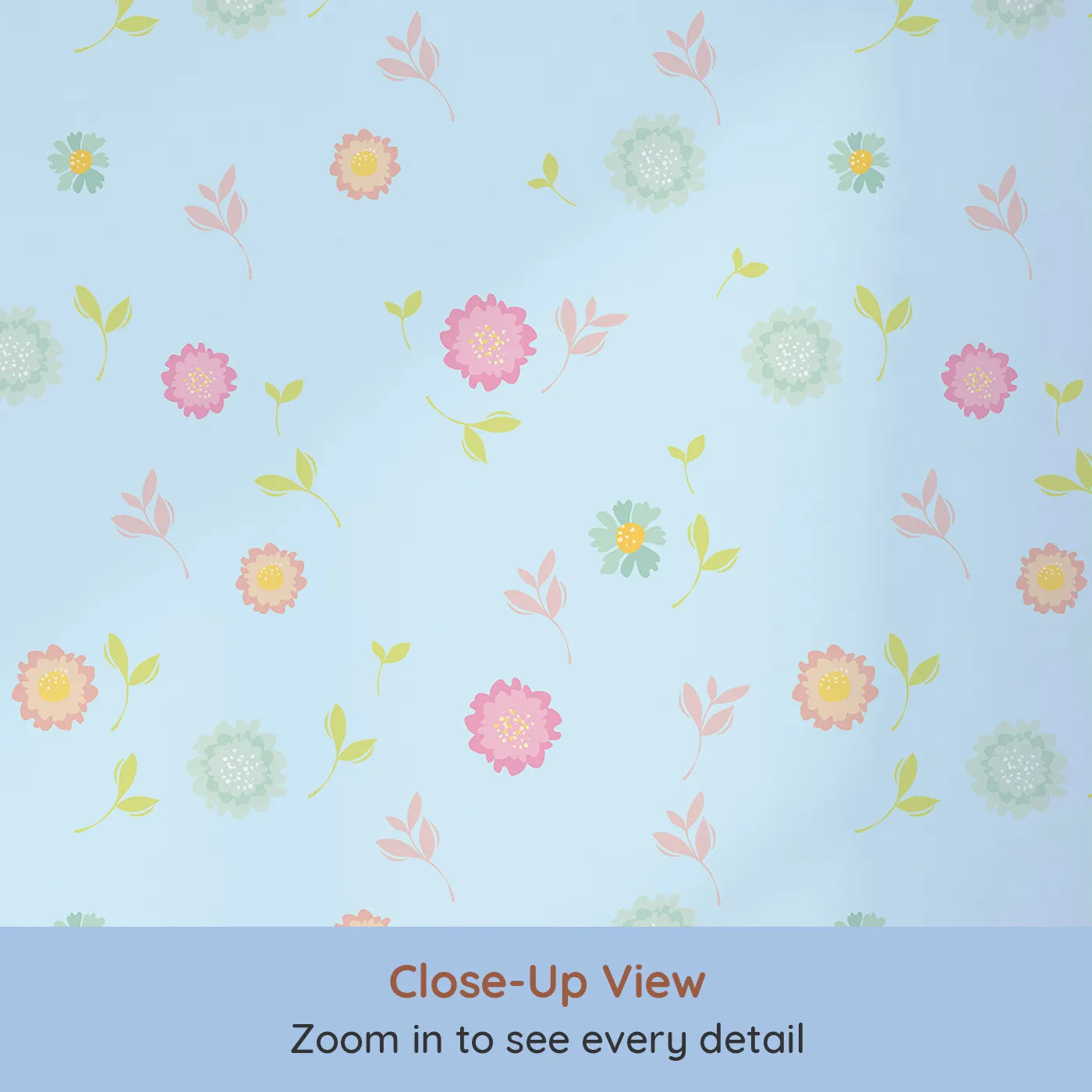 Close-up view of Whimsy Tots' Breezy Blossom Meadow Wallpaper in Sky (W3180E).Whimsical blooms dance across a breezy sky-blue backdrop.
