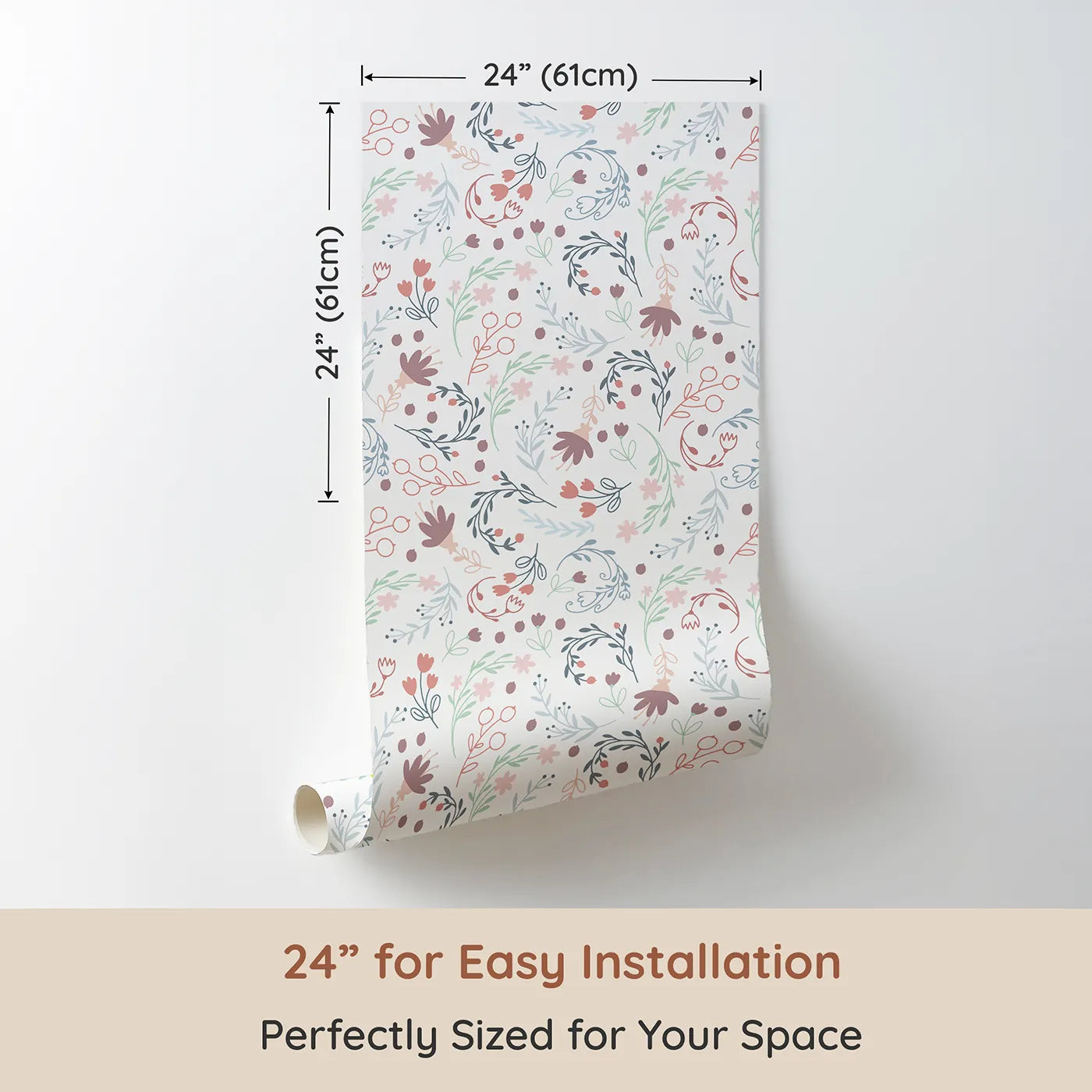 Dimension view of Whimsy Tots Fairy Petal Garden Wallpaper in White (W3181A). Printed in 24-inch-wide panel for easy installation. Dancing fairies and wild florals fill the air with wonder.