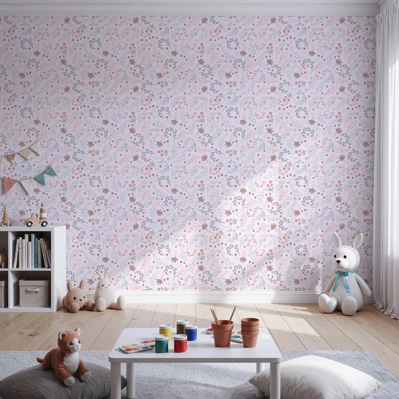Front view of Whimsy Tots' Fairy Petal Garden Wallpaper in Pink