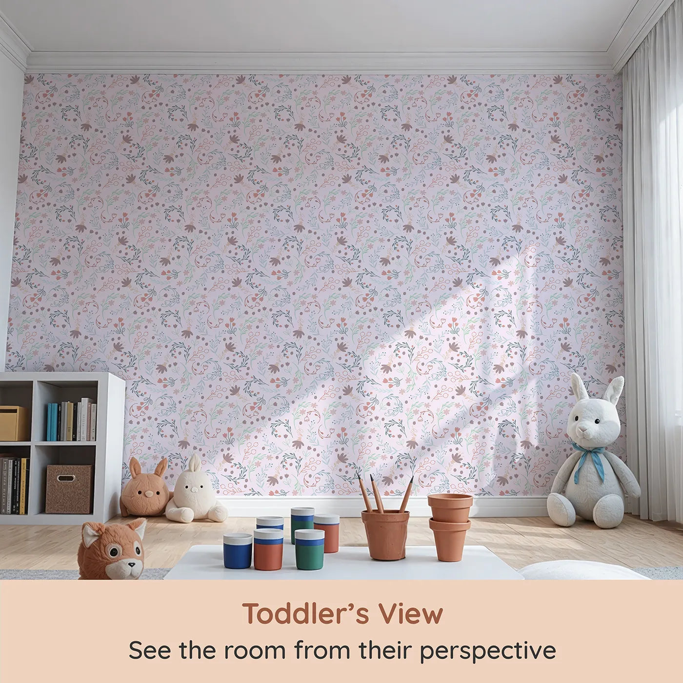Whimsy Tots Fairy Petal Garden Wallpaper in Pink (W3181B) from your child's view.Dancing fairies and wild florals fill the air with wonder.